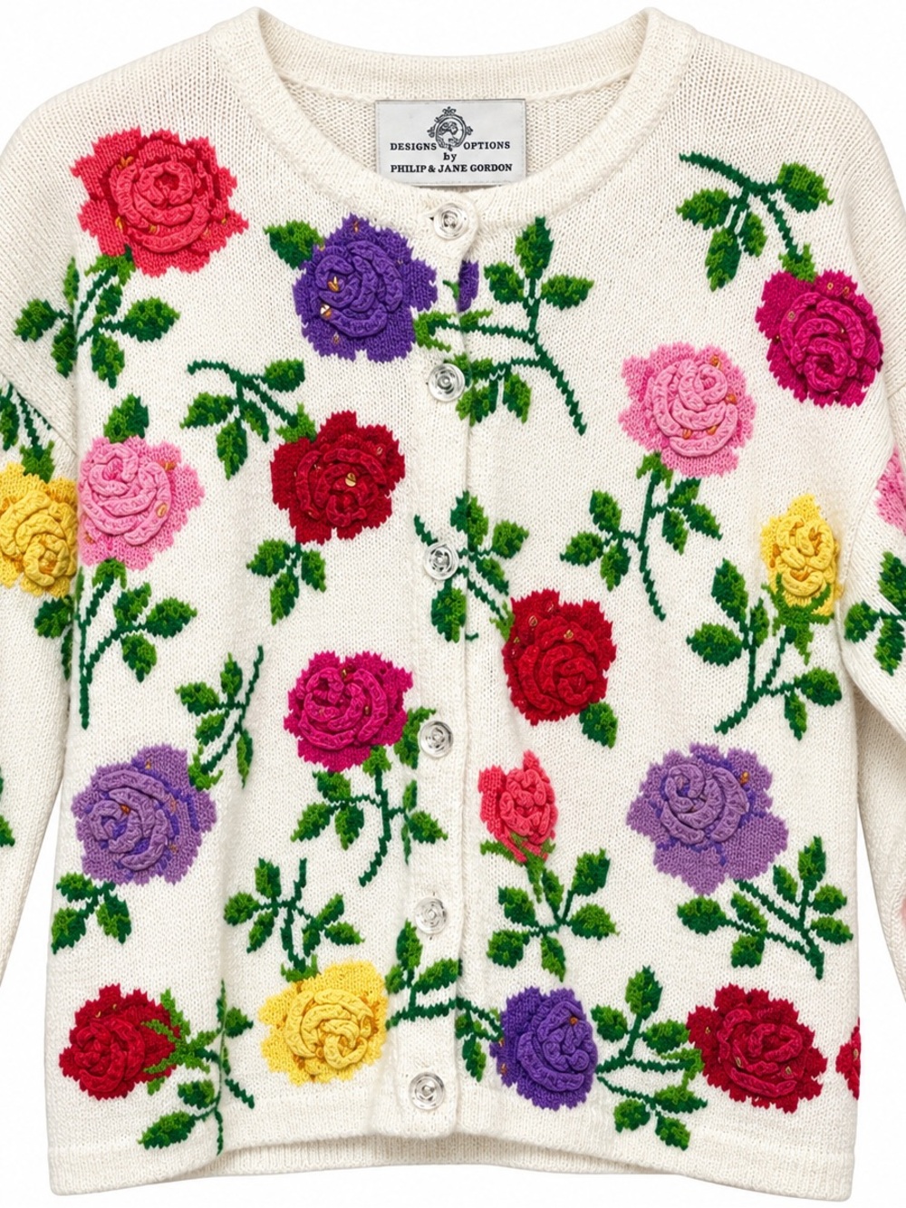 VNTG//80s90s/ Design Options floral embroidered sequin quarter sleeve cardigan